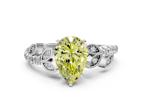 White gold Fancy Yellow Pear Cut Solitaire Leaf-Inspired Diamond Ring with Pavé Band and Four-Prong Setting_24