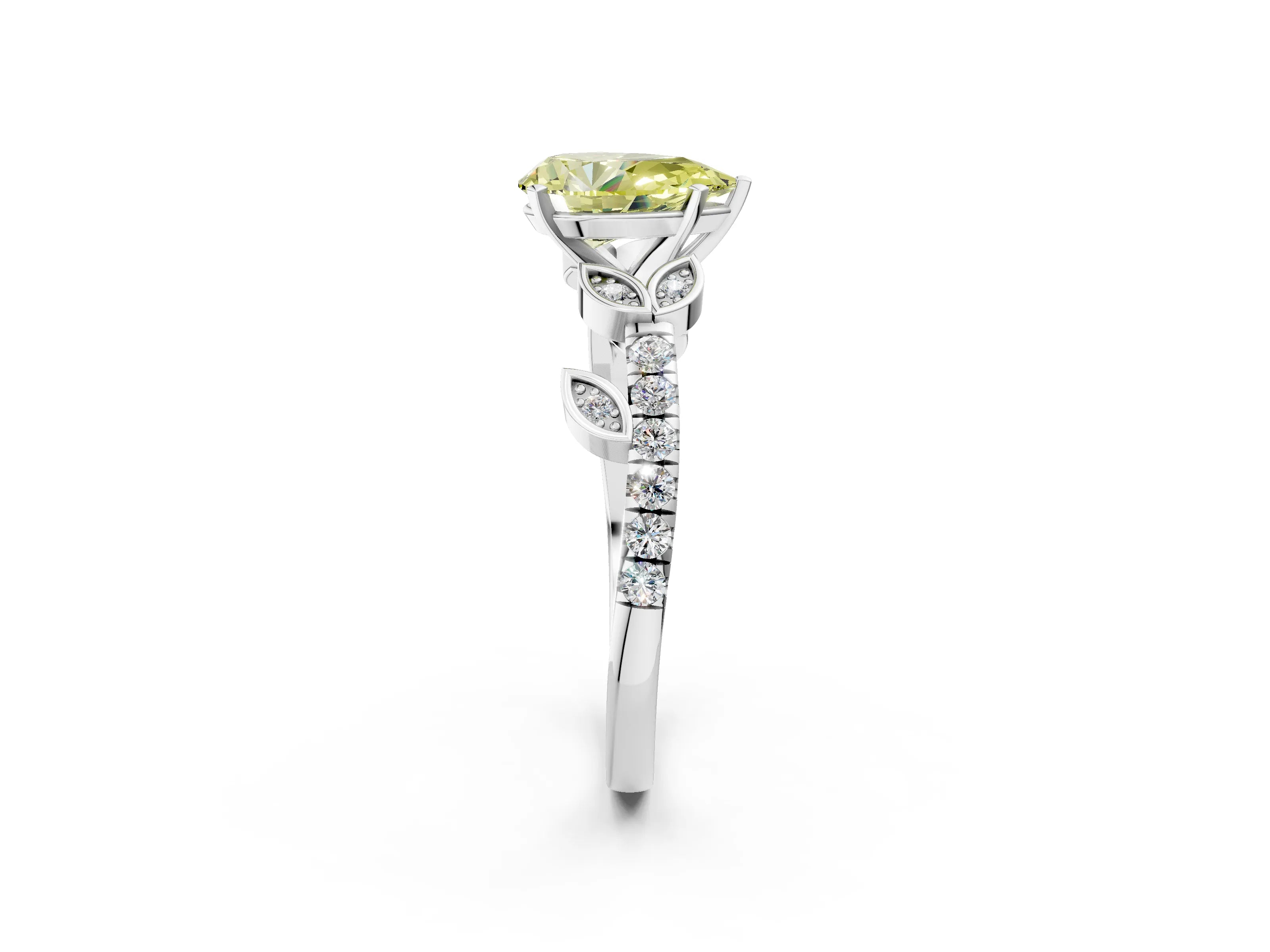White gold Fancy Yellow Pear Cut Solitaire Leaf-Inspired Diamond Ring with Pavé Band and Four-Prong Setting_38