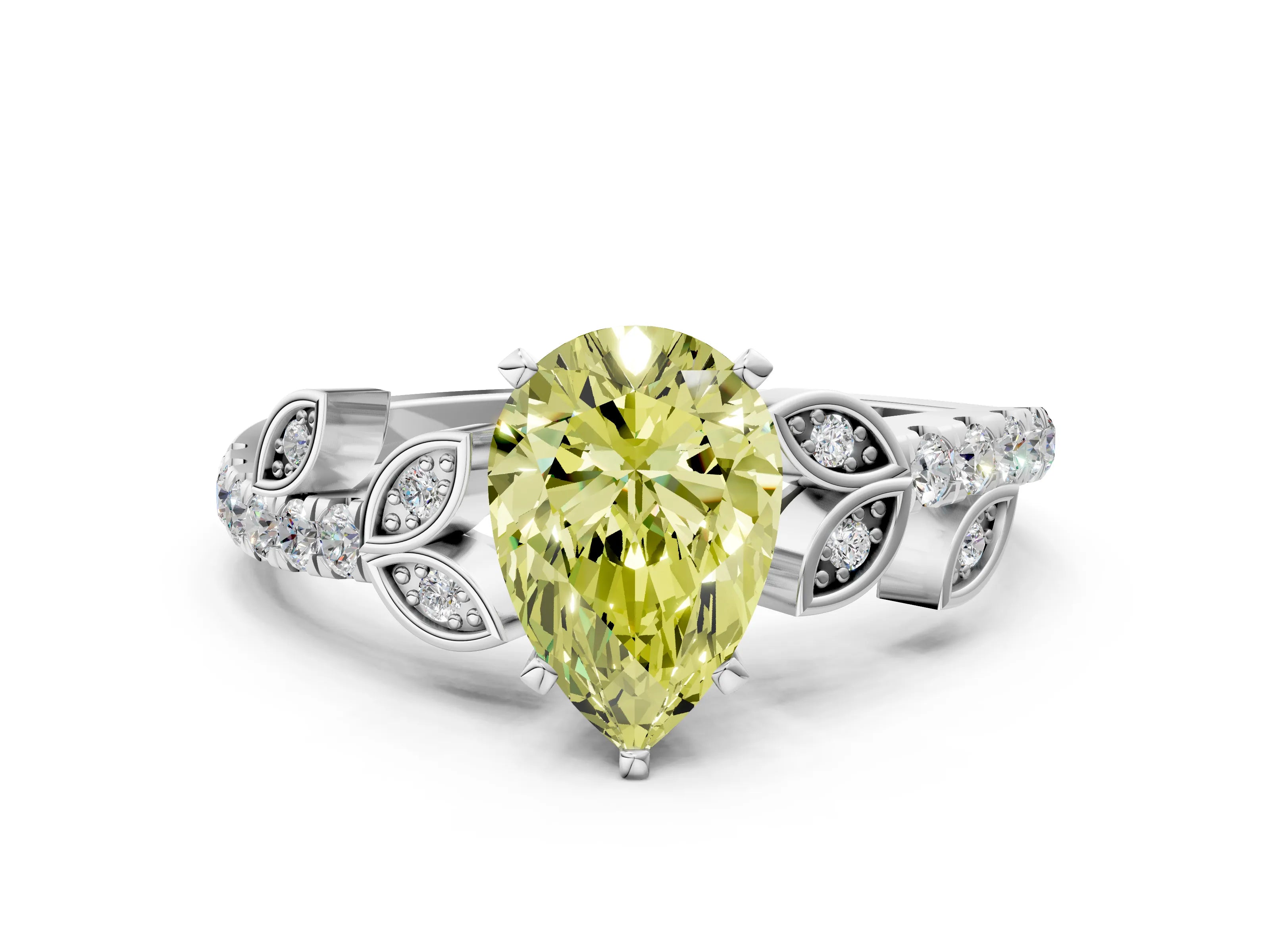 White gold Fancy Yellow Pear Cut Solitaire Leaf-Inspired Diamond Ring with Pavé Band and Four-Prong Setting_44