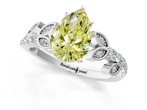 White gold Fancy Yellow Pear Cut Solitaire Leaf-Inspired Diamond Ring with Pavé Band and Four-Prong Setting_45