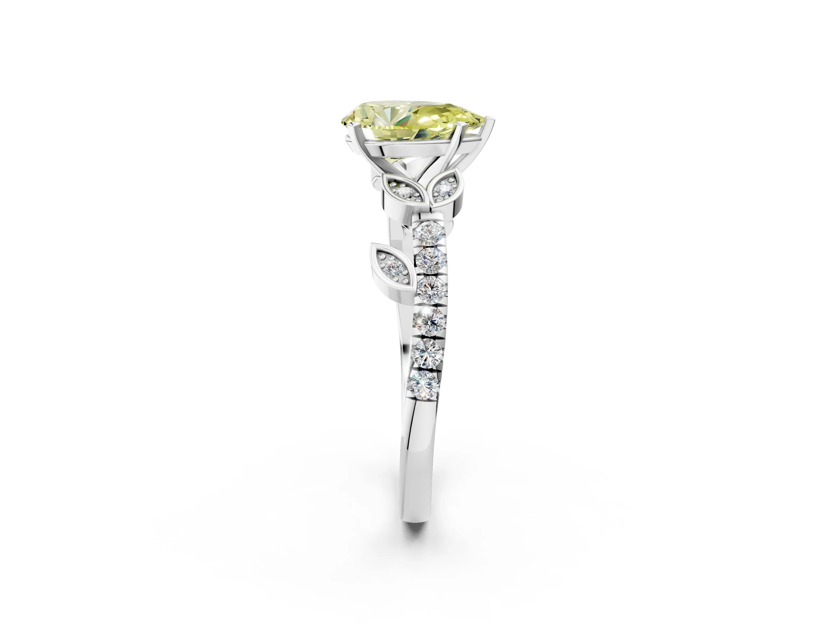 White gold Fancy Yellow Pear Cut Solitaire Leaf-Inspired Diamond Ring with Pavé Band and Four-Prong Setting_46