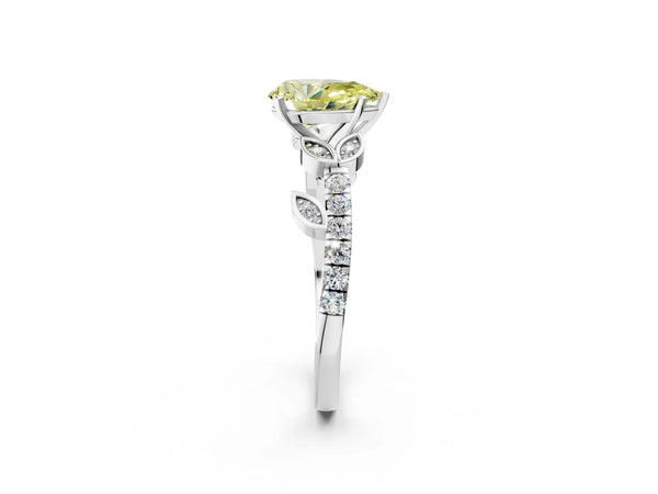 White gold Fancy Yellow Pear Cut Solitaire Leaf-Inspired Diamond Ring with Pavé Band and Four-Prong Setting
