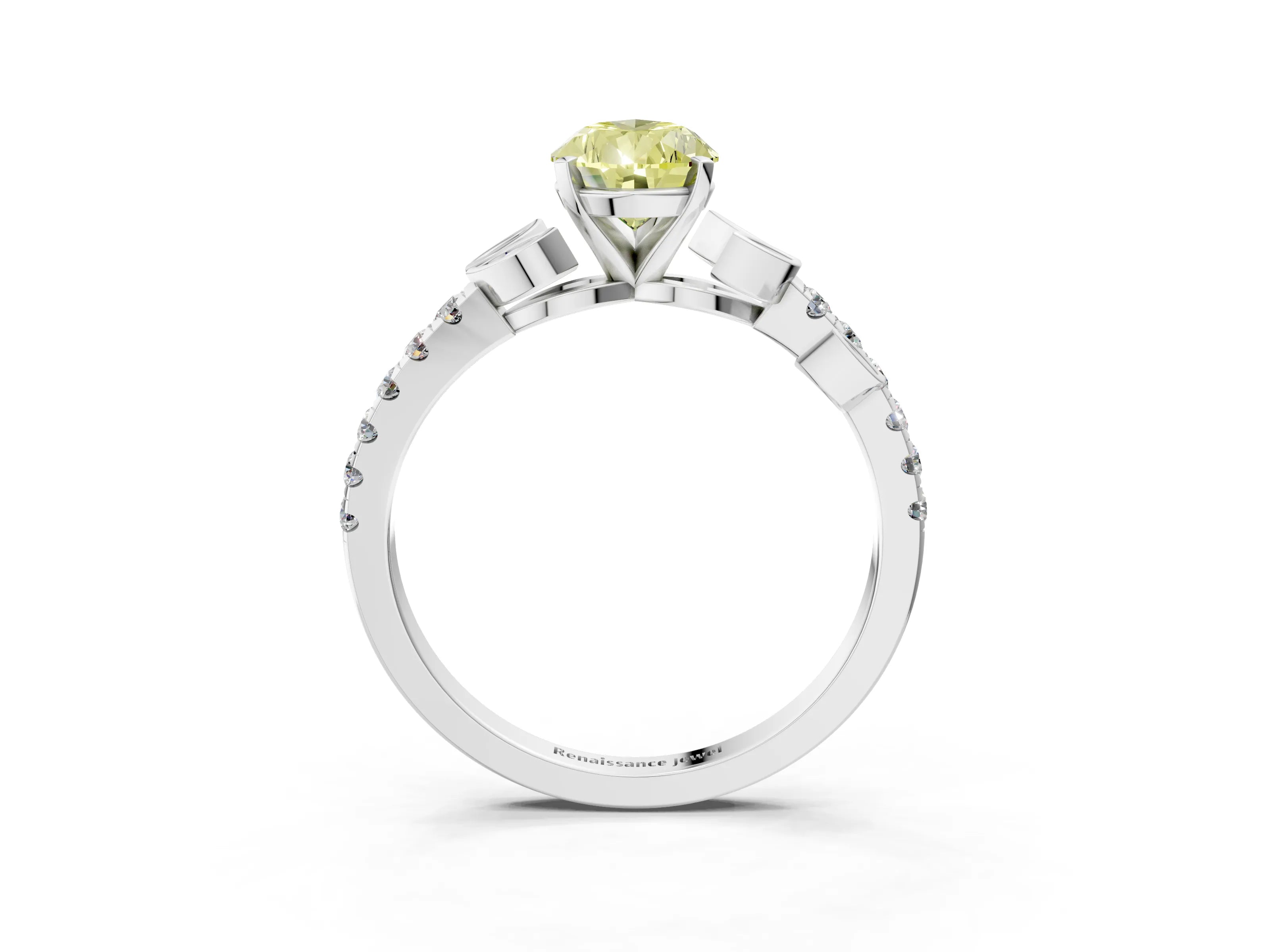 White gold Fancy Yellow Pear Cut Solitaire Leaf-Inspired Diamond Ring with Pavé Band and Four-Prong Setting_47