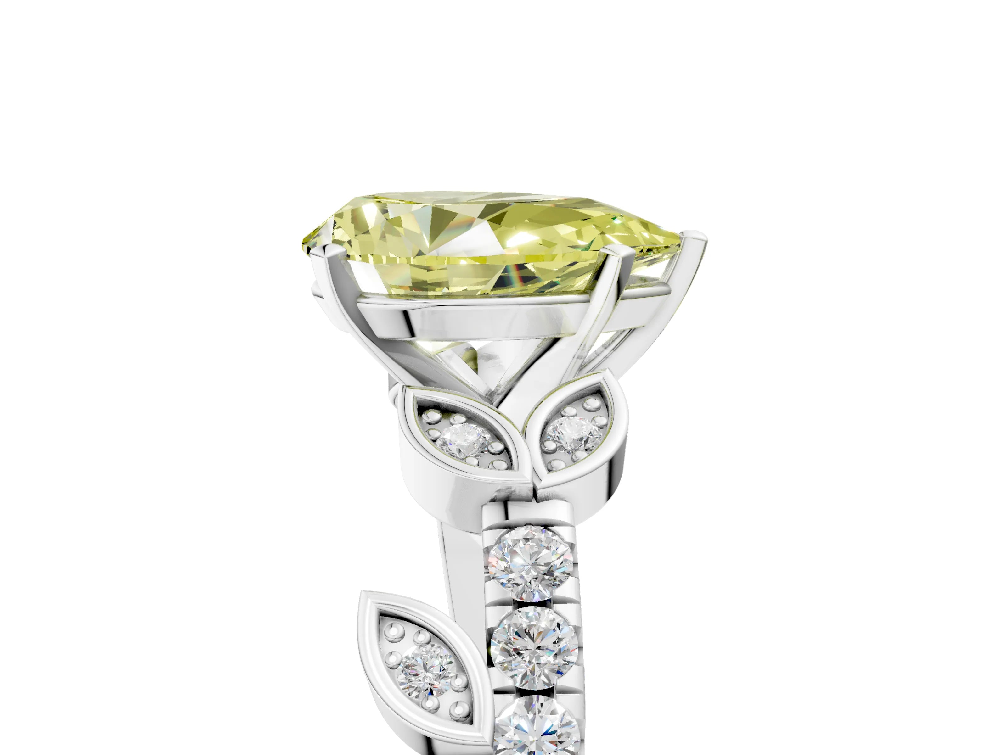 White gold Fancy Yellow Pear Cut Solitaire Leaf-Inspired Diamond Ring with Pavé Band and Four-Prong Setting_53