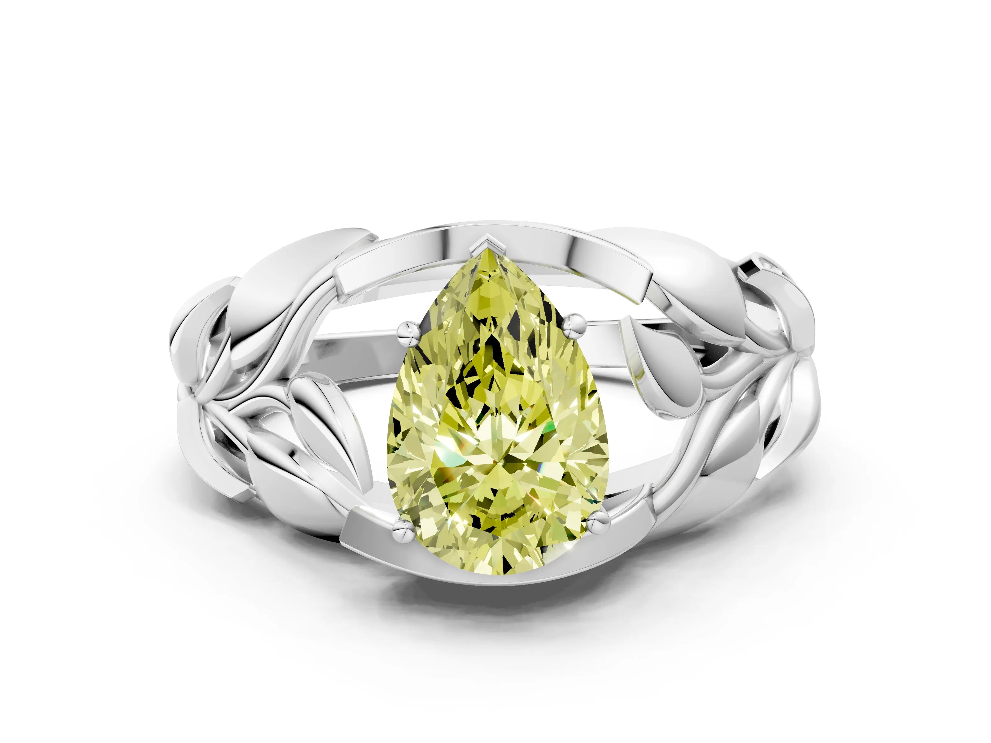 White gold Fancy Yellow Pear Cut Solitaire Leaf-Inspired Engagement Ring with Prong Setting