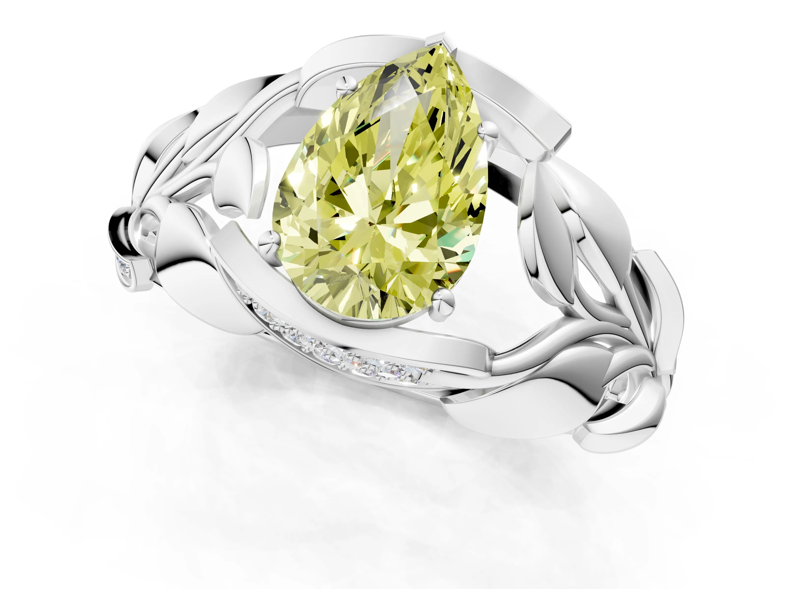 White gold Fancy Yellow Pear Cut Solitaire Leaf-Inspired Engagement Ring with Prong Setting_1