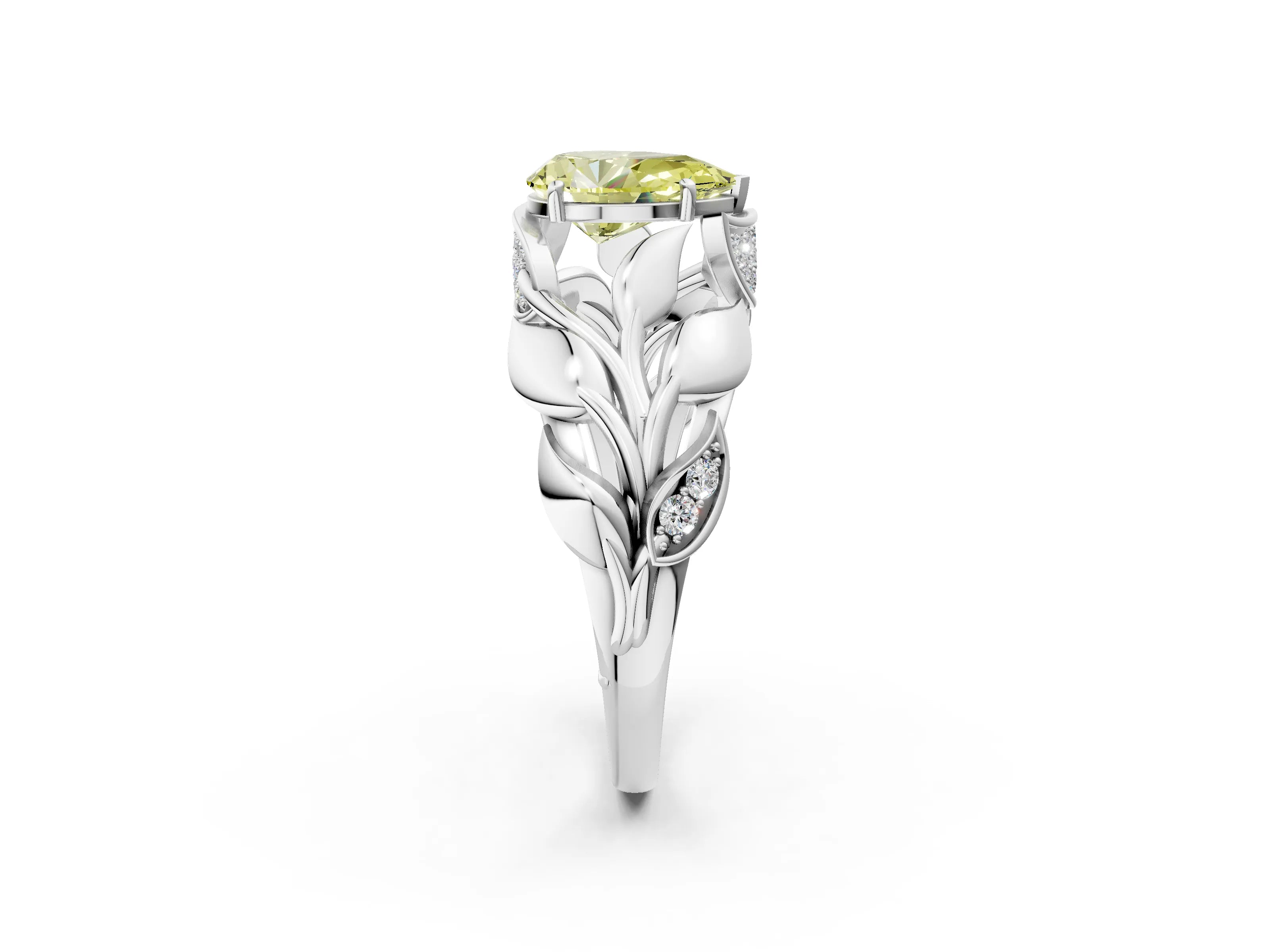 White gold Fancy Yellow Pear Cut Solitaire Leaf-Inspired Engagement Ring with Prong Setting_2