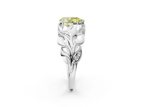 White gold Fancy Yellow Pear Cut Solitaire Leaf-Inspired Engagement Ring with Prong Setting_2