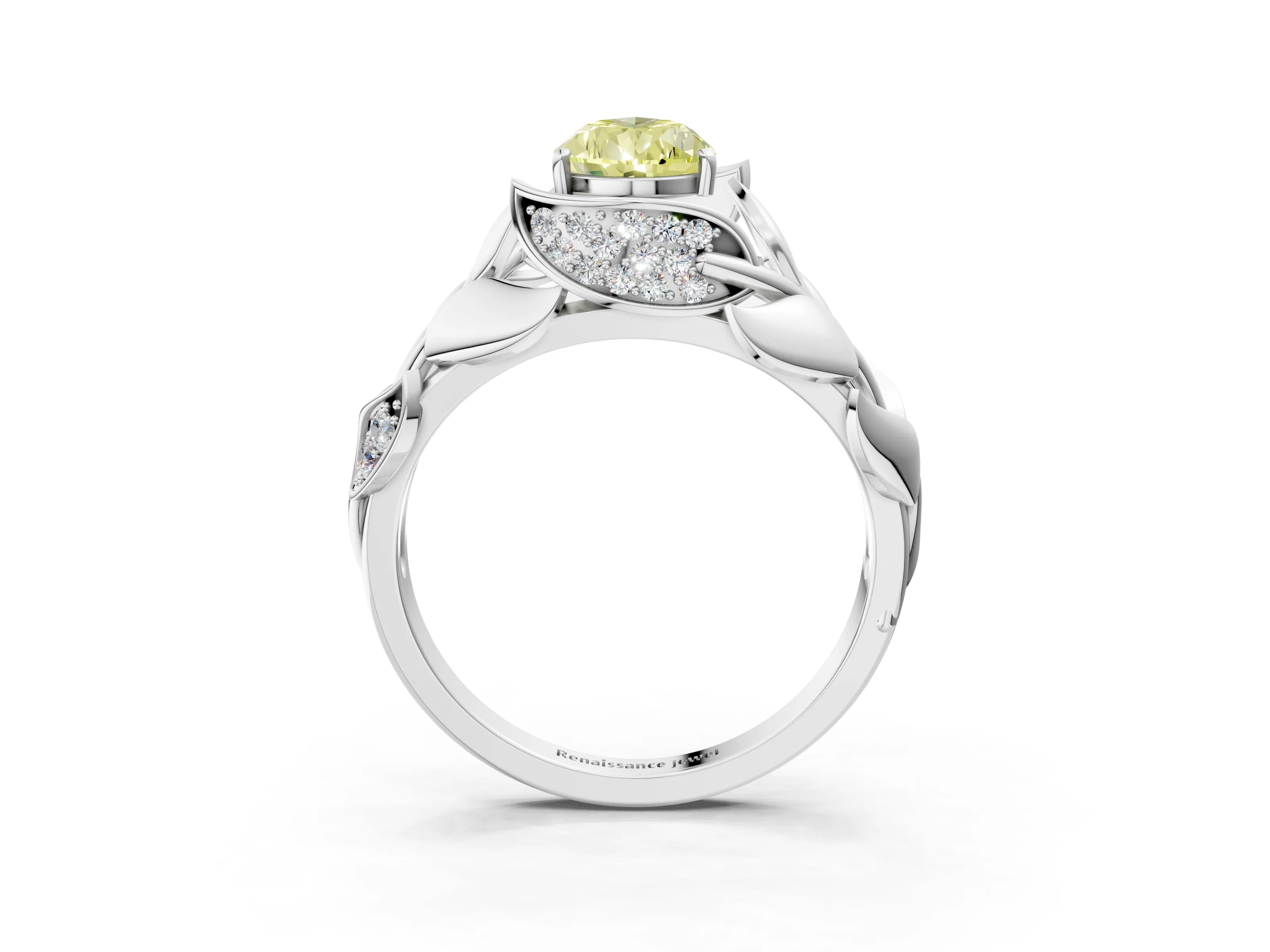 White gold Fancy Yellow Pear Cut Solitaire Leaf-Inspired Engagement Ring with Prong Setting_3