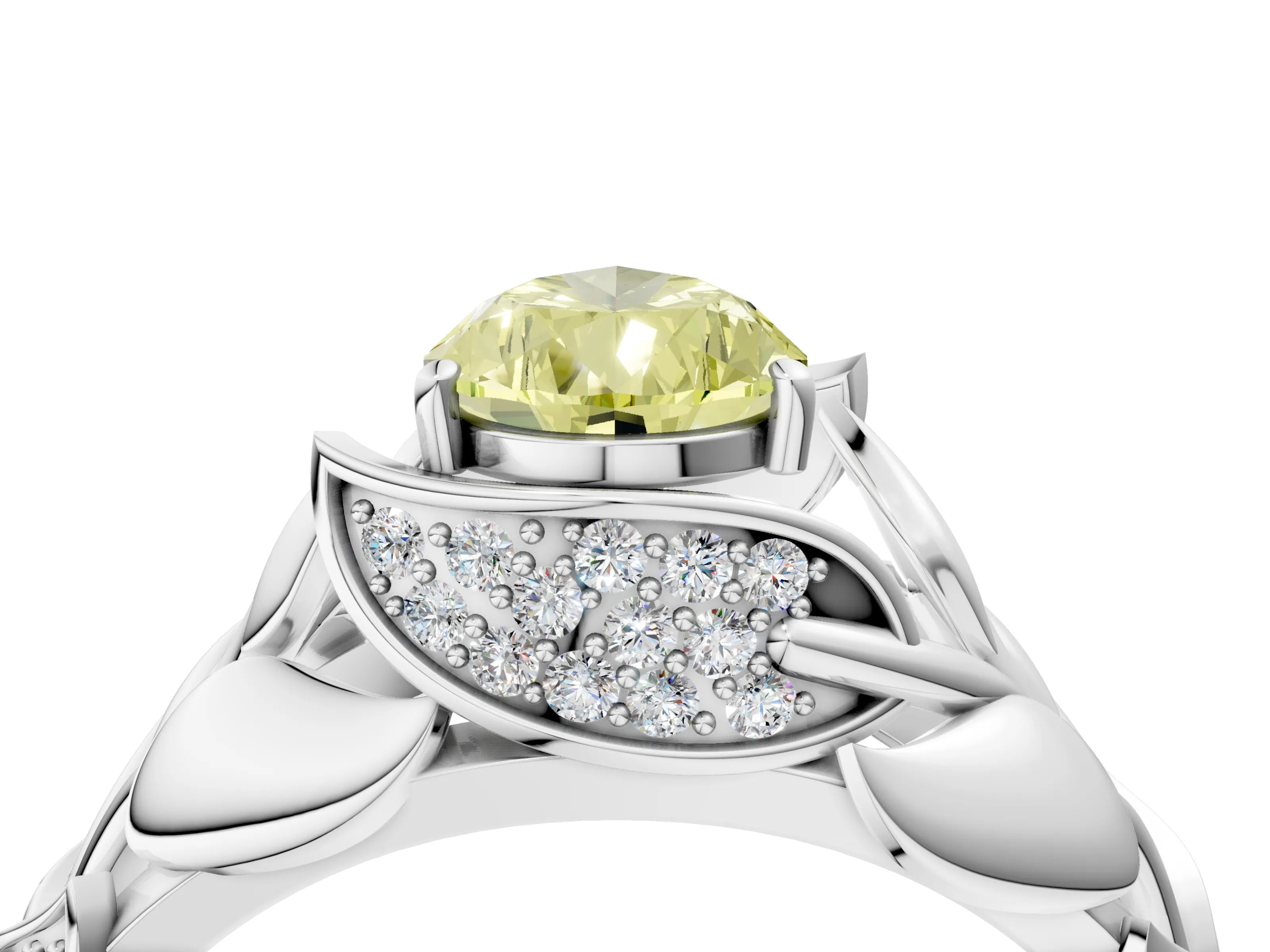 White gold Fancy Yellow Pear Cut Solitaire Leaf-Inspired Engagement Ring with Prong Setting_4