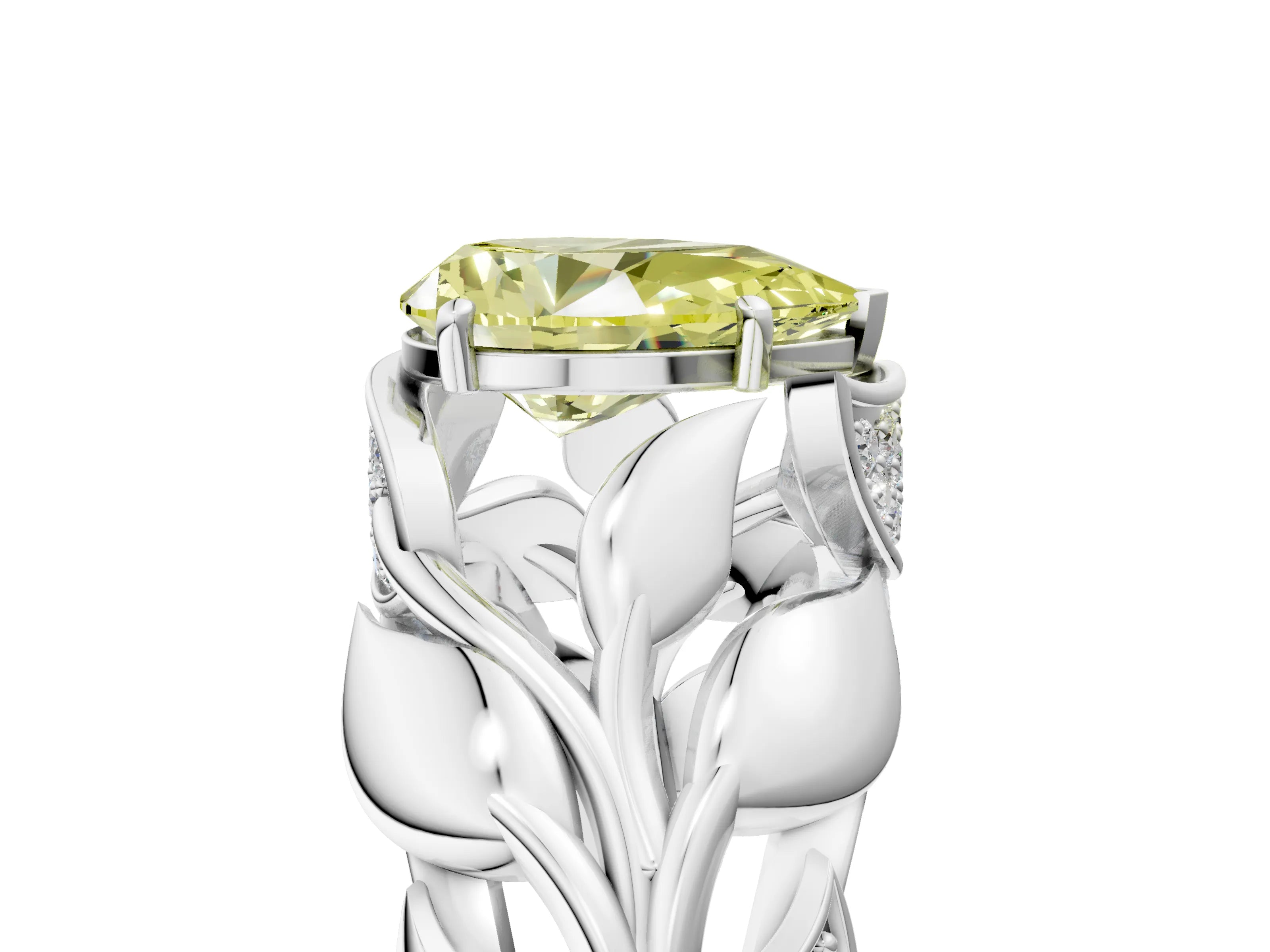 White gold Fancy Yellow Pear Cut Solitaire Leaf-Inspired Engagement Ring with Prong Setting_5