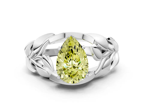 White gold Fancy Yellow Pear Cut Solitaire Leaf-Inspired Engagement Ring with Prong Setting