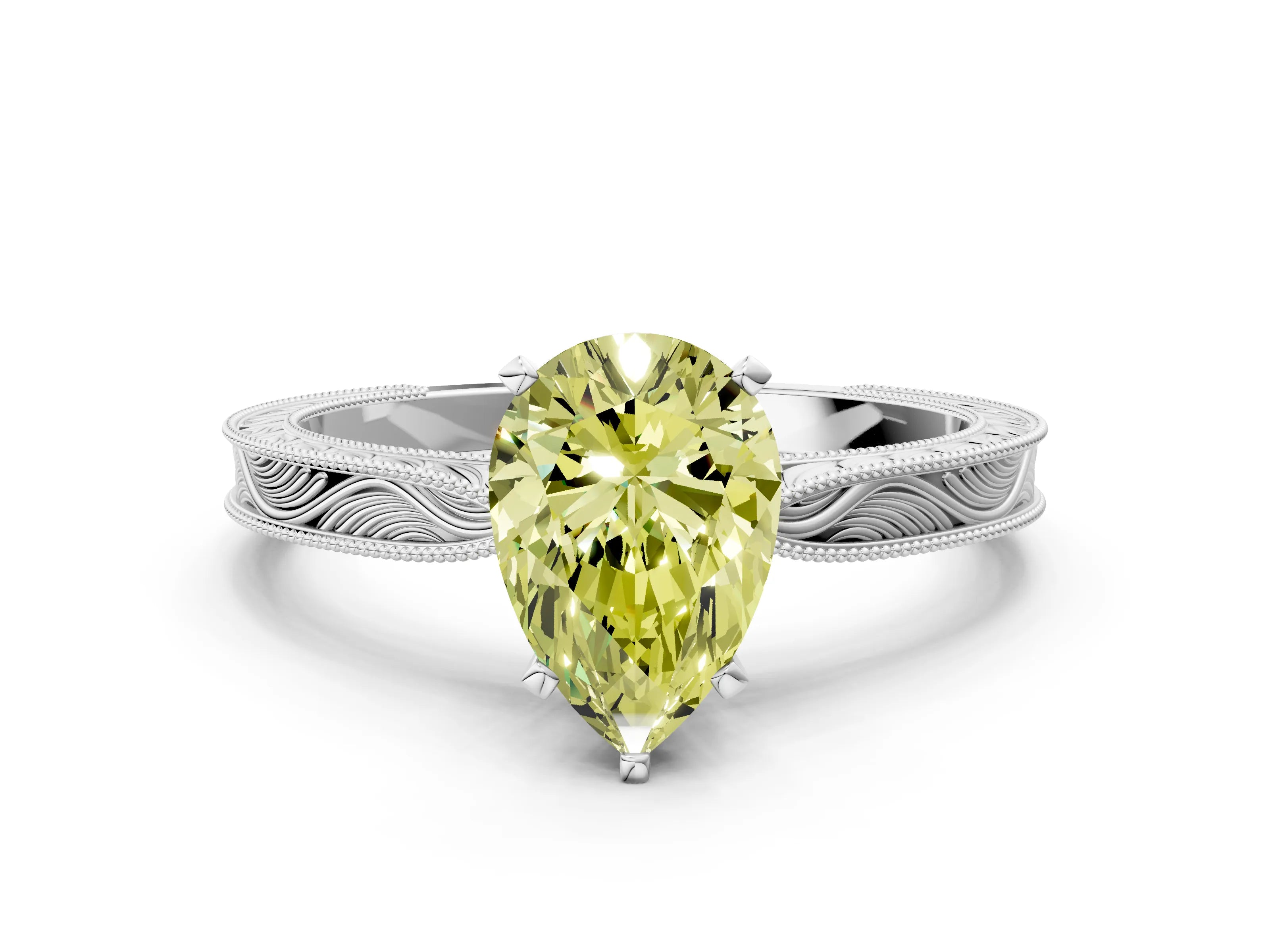 White gold Fancy Yellow Pear Cut Solitaire Milgrain Engraved Band with Four-Prong Setting_12