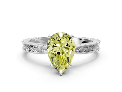 White gold Fancy Yellow Pear Cut Solitaire Milgrain Engraved Band with Four-Prong Setting_12