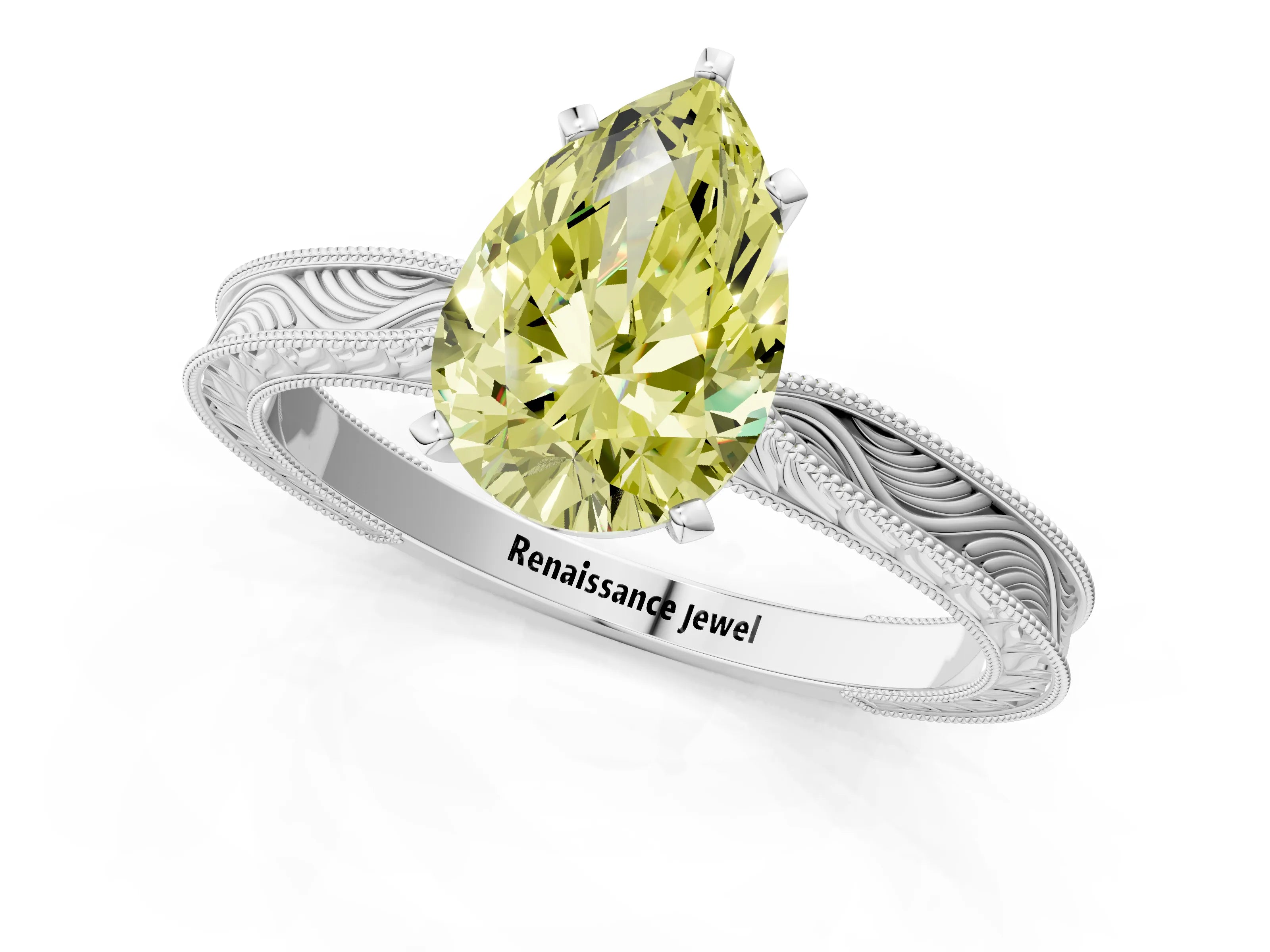 White gold Fancy Yellow Pear Cut Solitaire Milgrain Engraved Band with Four-Prong Setting_13
