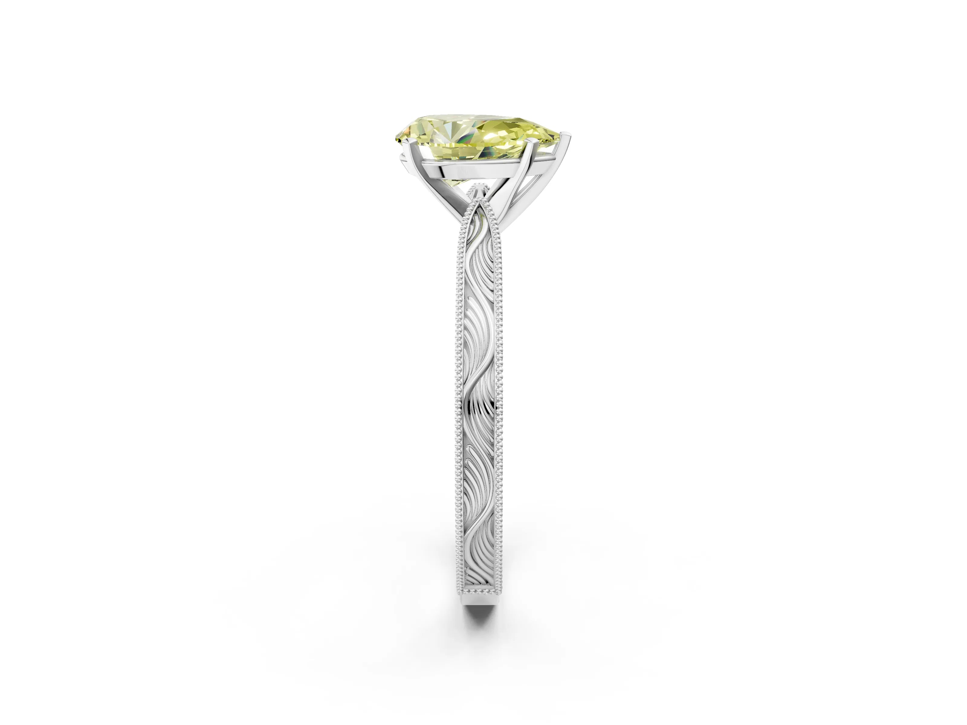 White gold Fancy Yellow Pear Cut Solitaire Milgrain Engraved Band with Four-Prong Setting_2