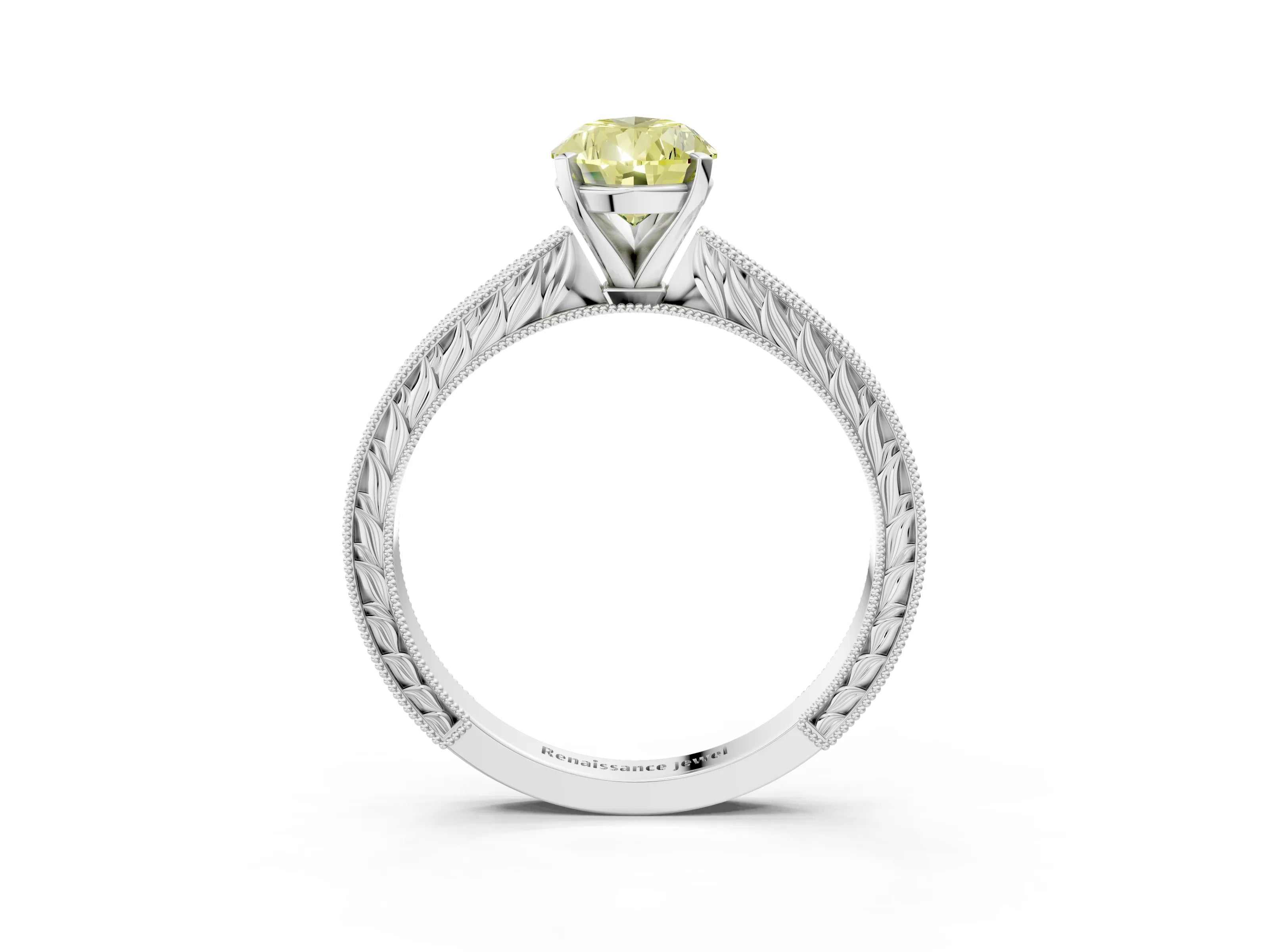 White gold Fancy Yellow Pear Cut Solitaire Milgrain Engraved Band with Four-Prong Setting_3