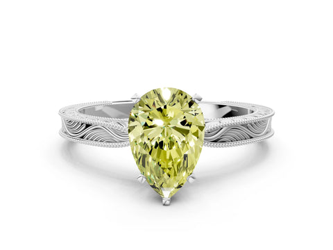 White gold Fancy Yellow Pear Cut Solitaire Milgrain Engraved Band with Four-Prong Setting