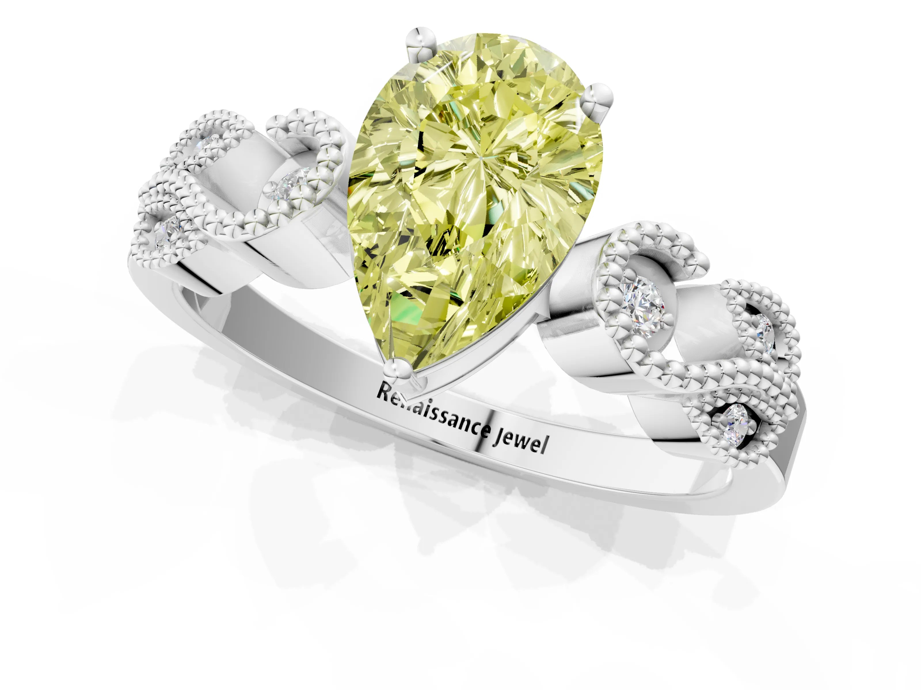 White gold Fancy Yellow Pear Cut Solitaire Milgrain Leaf Band with Prong Setting_13