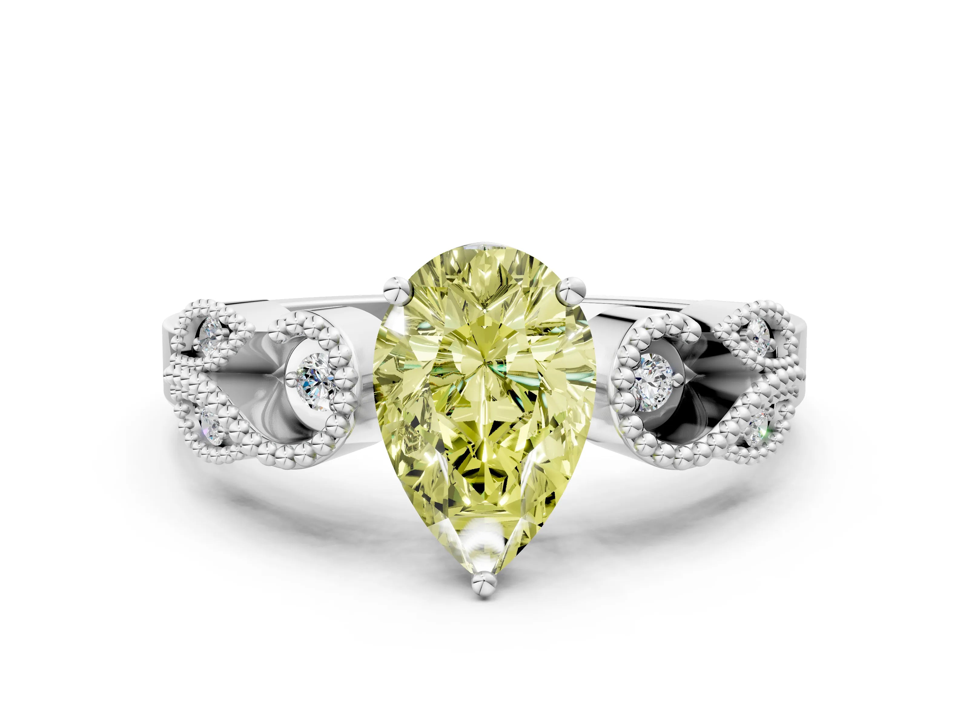 White gold Fancy Yellow Pear Cut Solitaire Milgrain Leaf Band with Prong Setting