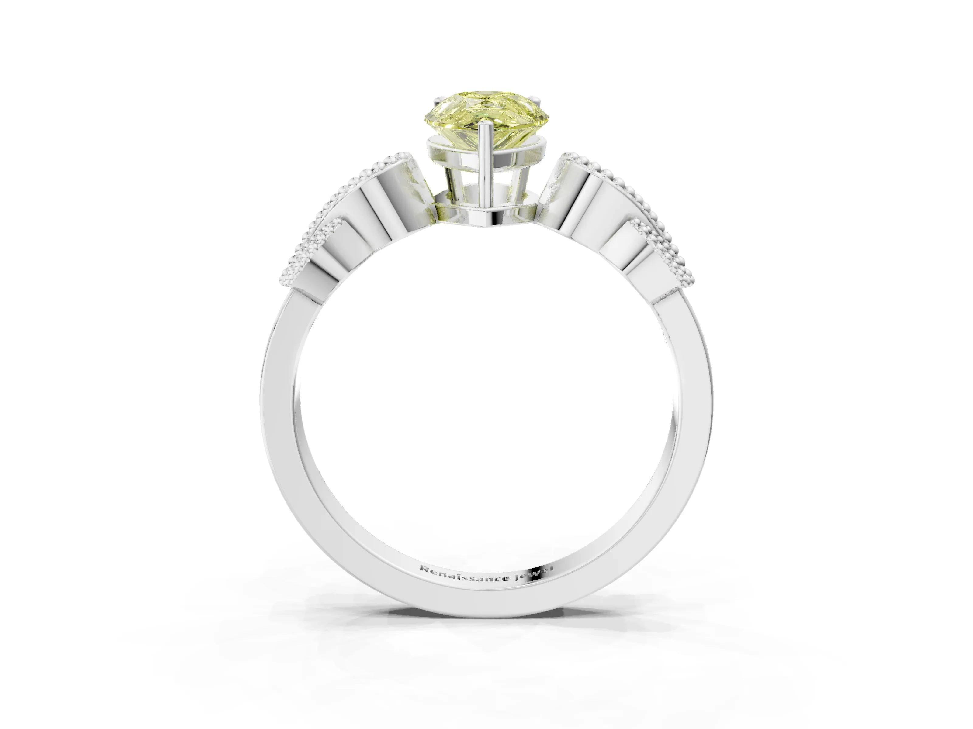 White gold Fancy Yellow Pear Cut Solitaire Milgrain Leaf Band with Prong Setting_15