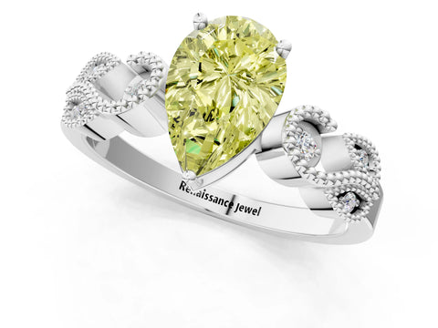 White gold Fancy Yellow Pear Cut Solitaire Milgrain Leaf Band with Prong Setting_1