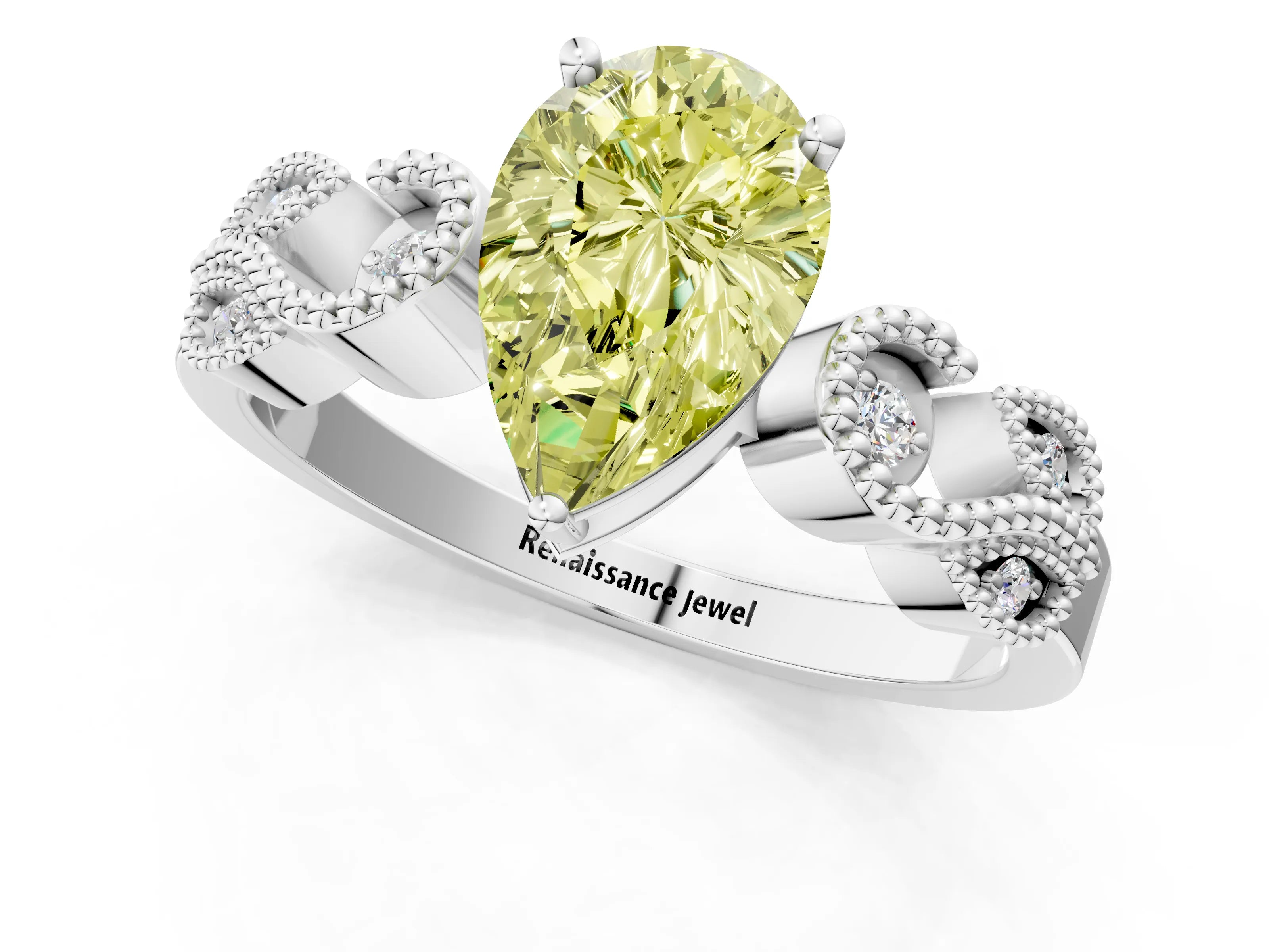 White gold Fancy Yellow Pear Cut Solitaire Milgrain Leaf Band with Prong Setting_1