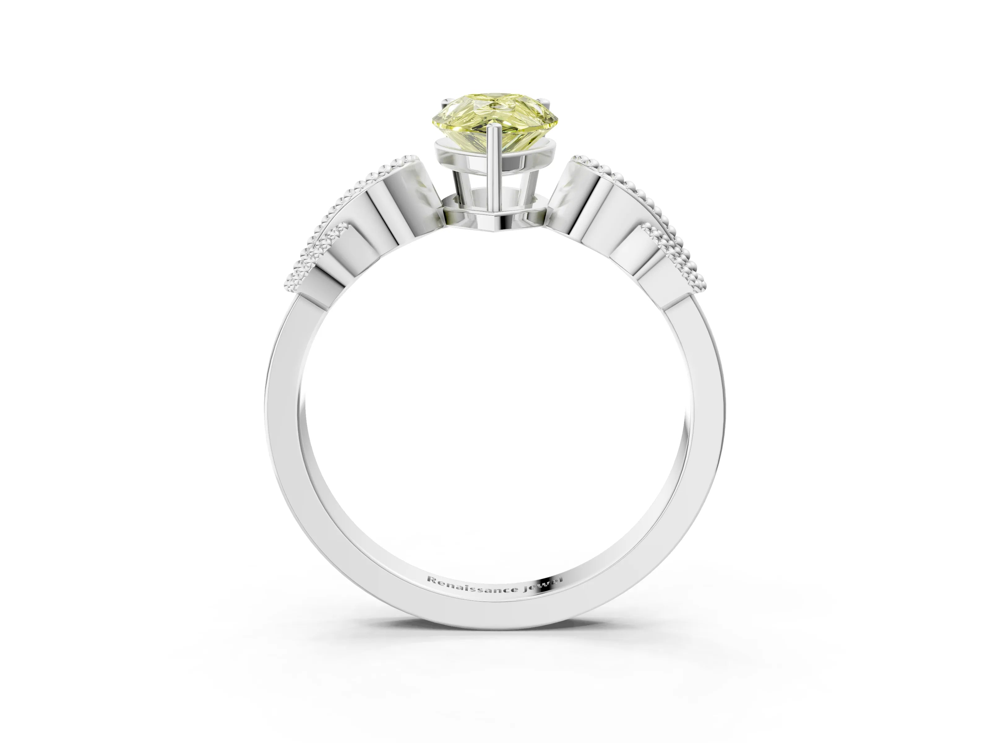 White gold Fancy Yellow Pear Cut Solitaire Milgrain Leaf Band with Prong Setting_3
