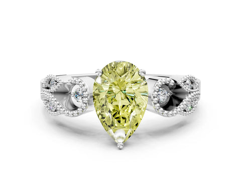 White gold Fancy Yellow Pear Cut Solitaire Milgrain Leaf Band with Prong Setting