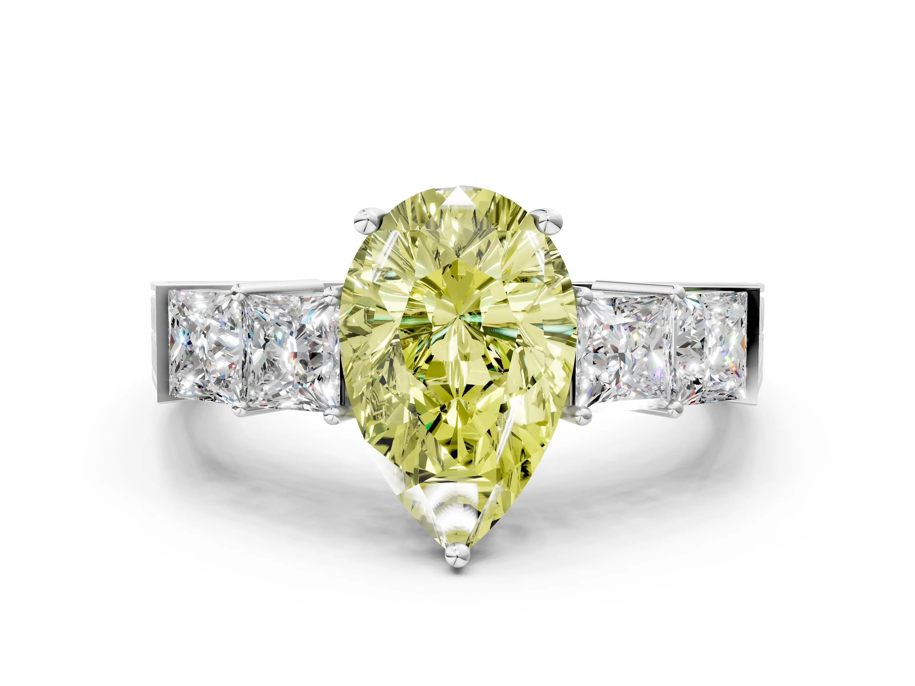 White gold Fancy Yellow Pear Cut Solitaire Princess Side Stone Engraved Band Prong Setting Ring_12