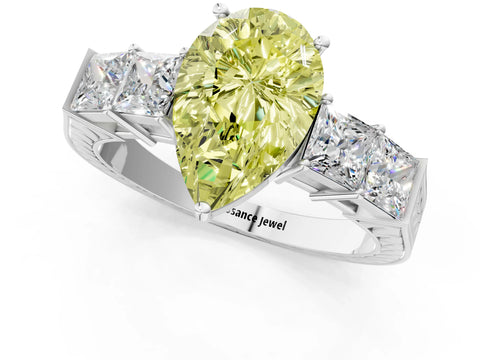 White gold Fancy Yellow Pear Cut Solitaire Princess Side Stone Engraved Band Prong Setting Ring_13