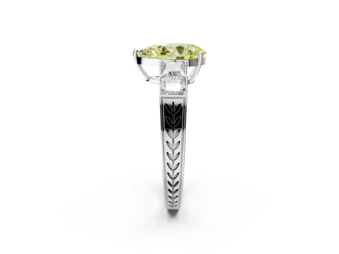 White gold Fancy Yellow Pear Cut Solitaire Princess Side Stone Engraved Band Prong Setting Ring_14