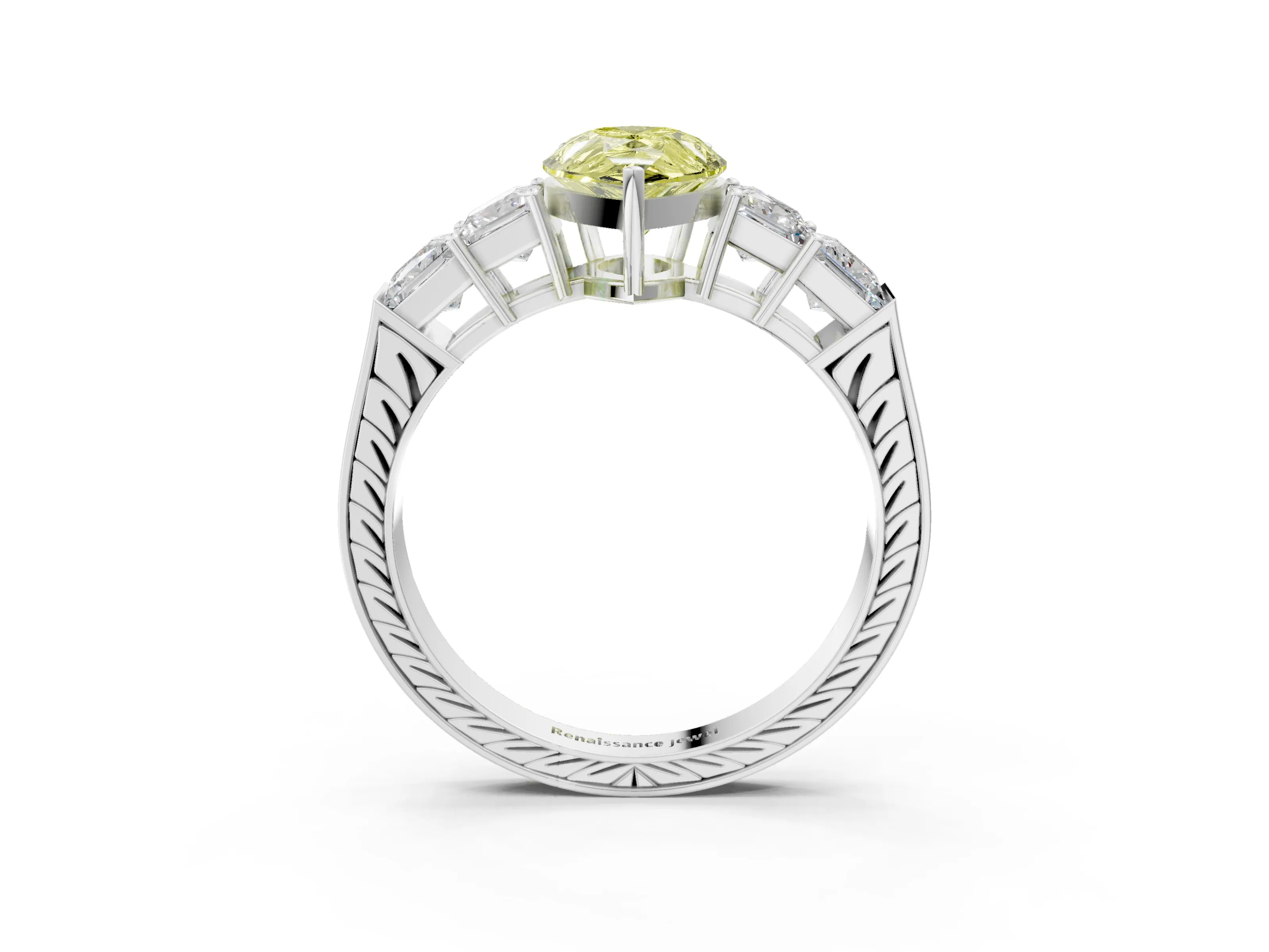 White gold Fancy Yellow Pear Cut Solitaire Princess Side Stone Engraved Band Prong Setting Ring_15
