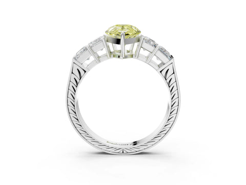 White gold Fancy Yellow Pear Cut Solitaire Princess Side Stone Engraved Band Prong Setting Ring_15