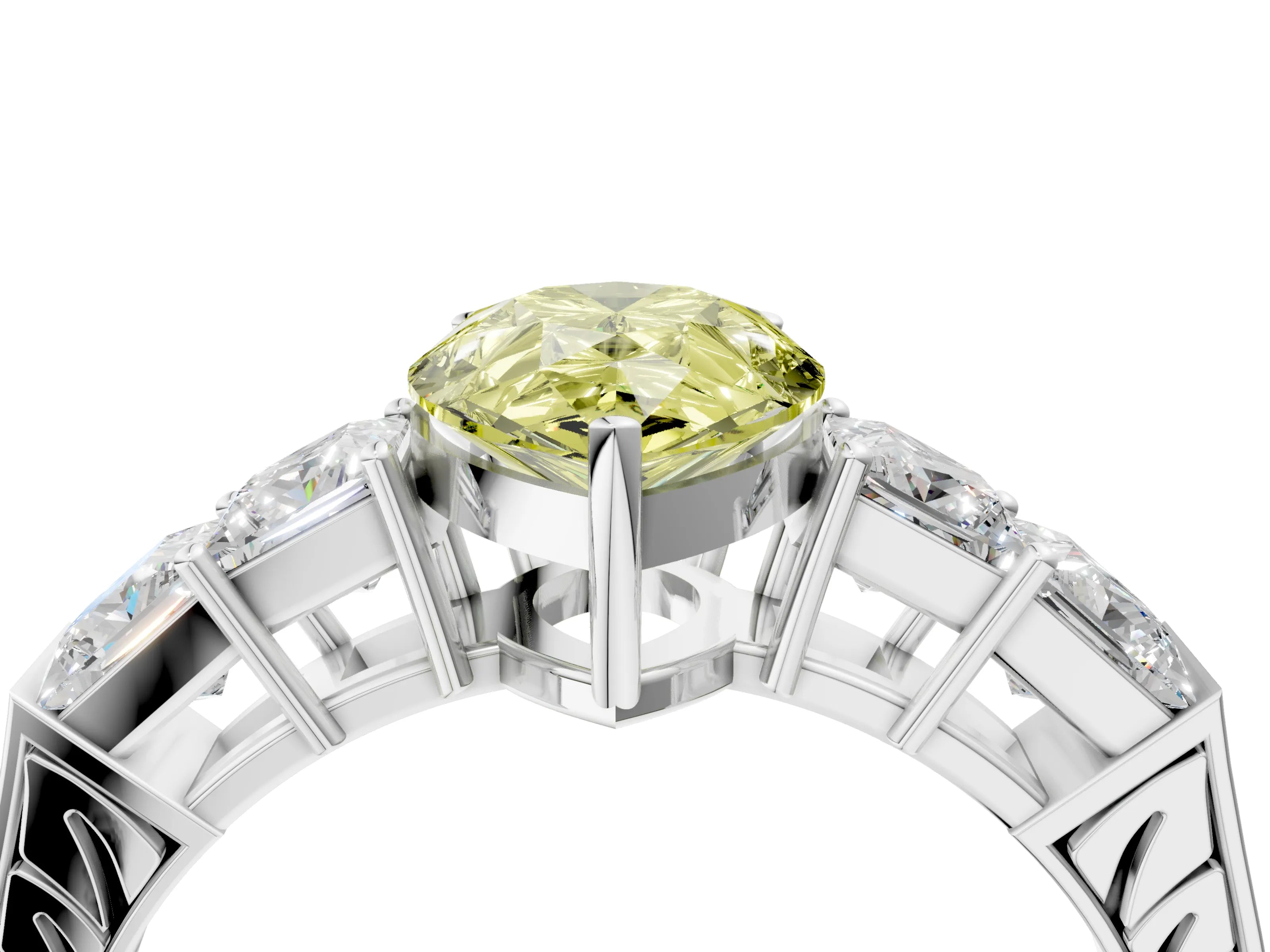 White gold Fancy Yellow Pear Cut Solitaire Princess Side Stone Engraved Band Prong Setting Ring_16