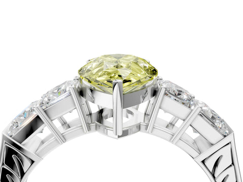 White gold Fancy Yellow Pear Cut Solitaire Princess Side Stone Engraved Band Prong Setting Ring_16