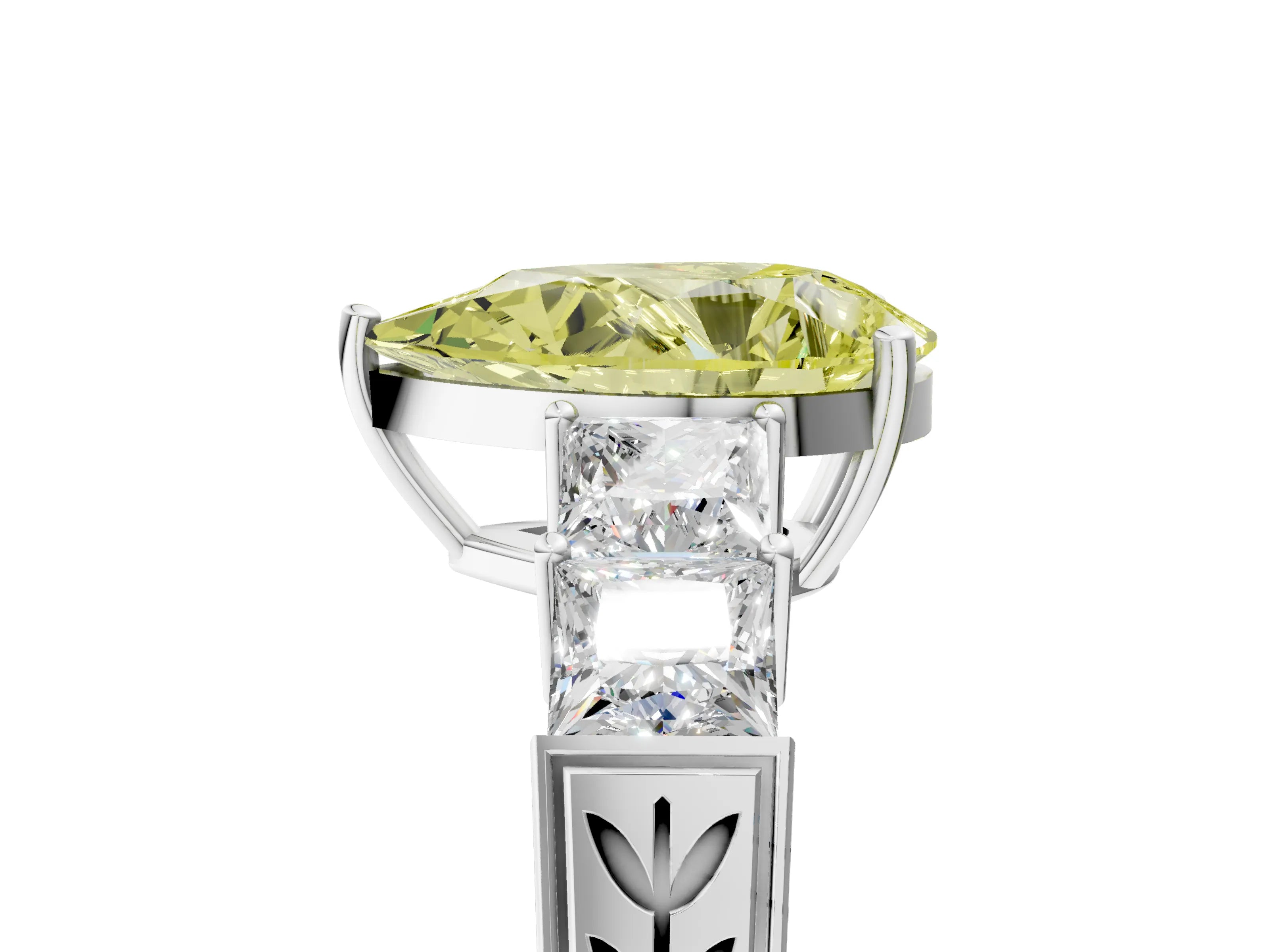 White gold Fancy Yellow Pear Cut Solitaire Princess Side Stone Engraved Band Prong Setting Ring_17