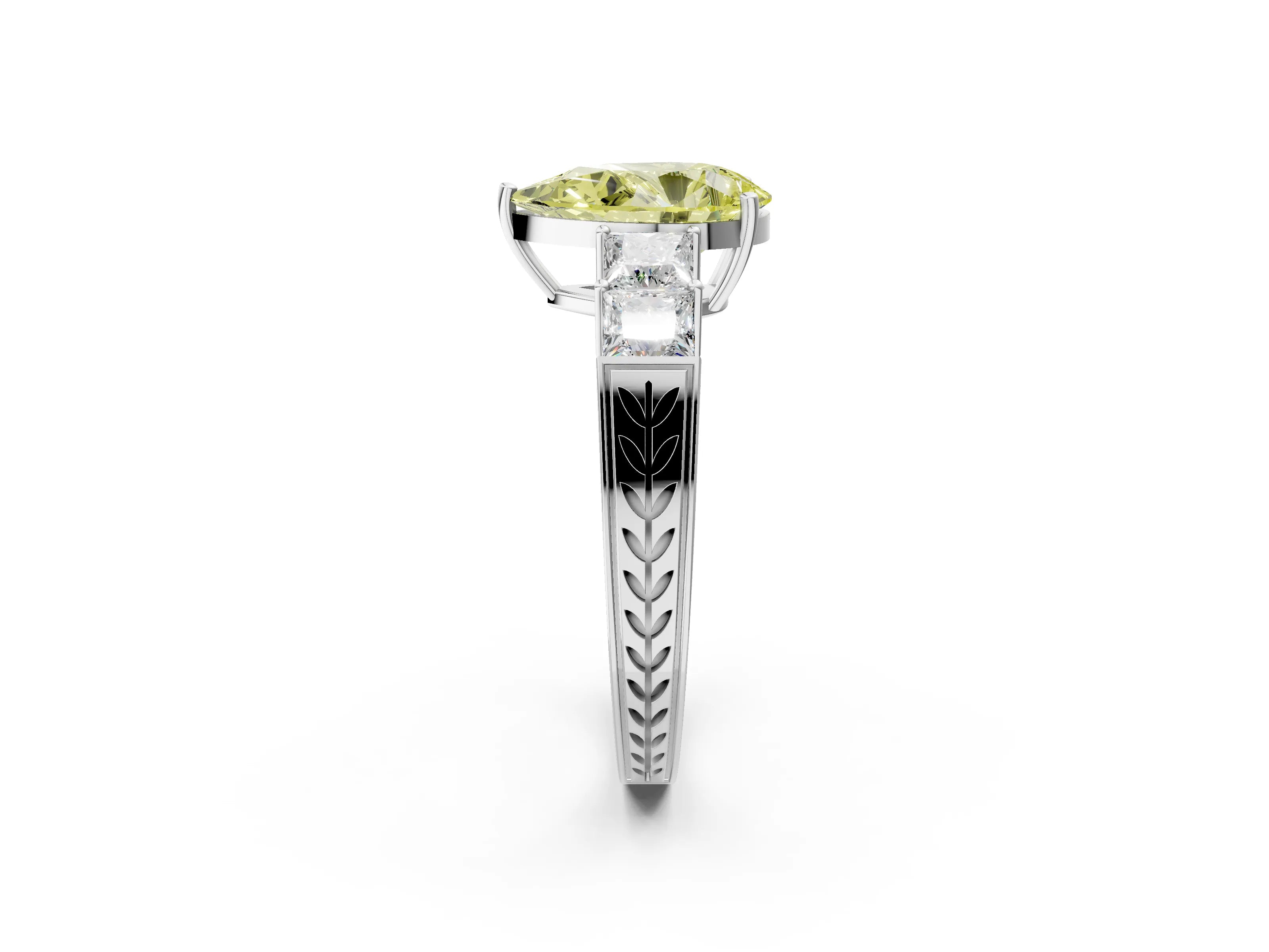 White gold Fancy Yellow Pear Cut Solitaire Princess Side Stone Engraved Band Prong Setting Ring_2