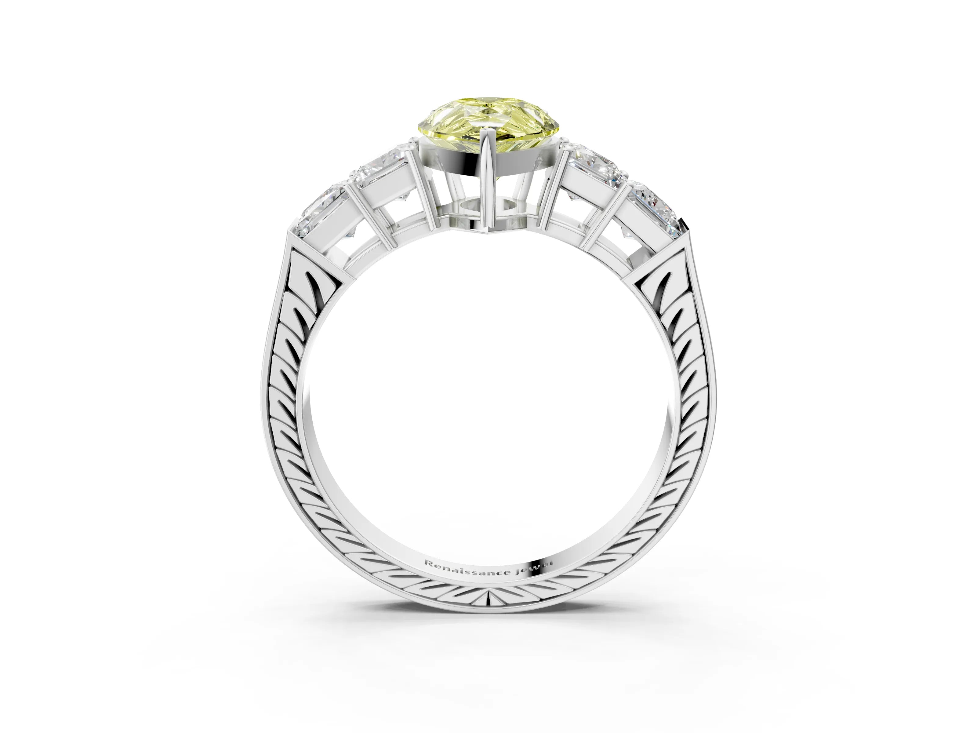 White gold Fancy Yellow Pear Cut Solitaire Princess Side Stone Engraved Band Prong Setting Ring_3
