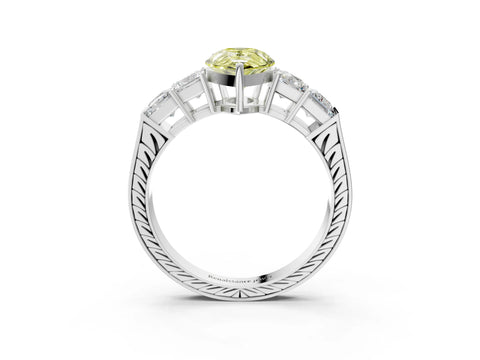 White gold Fancy Yellow Pear Cut Solitaire Princess Side Stone Engraved Band Prong Setting Ring_3