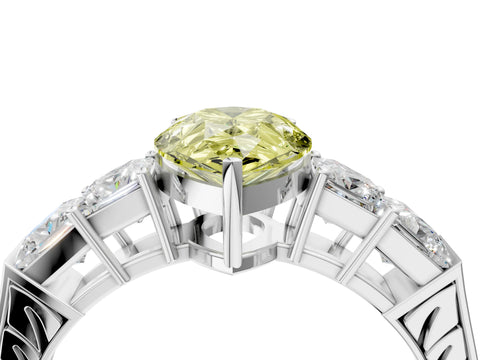 White gold Fancy Yellow Pear Cut Solitaire Princess Side Stone Engraved Band Prong Setting Ring_4