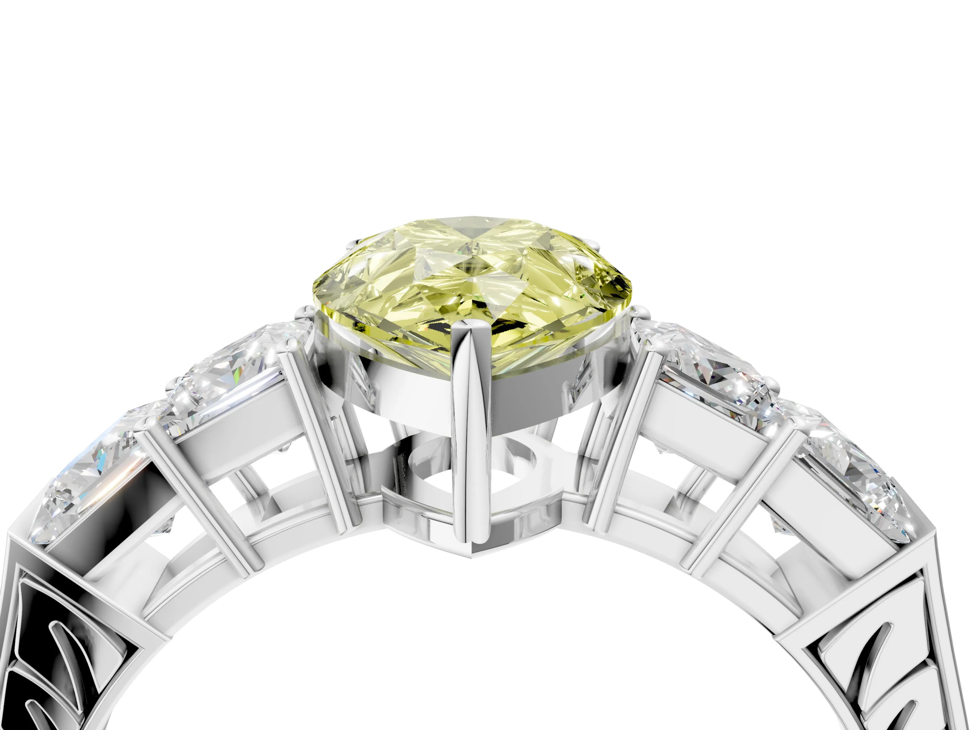 White gold Fancy Yellow Pear Cut Solitaire Princess Side Stone Engraved Band Prong Setting Ring_4