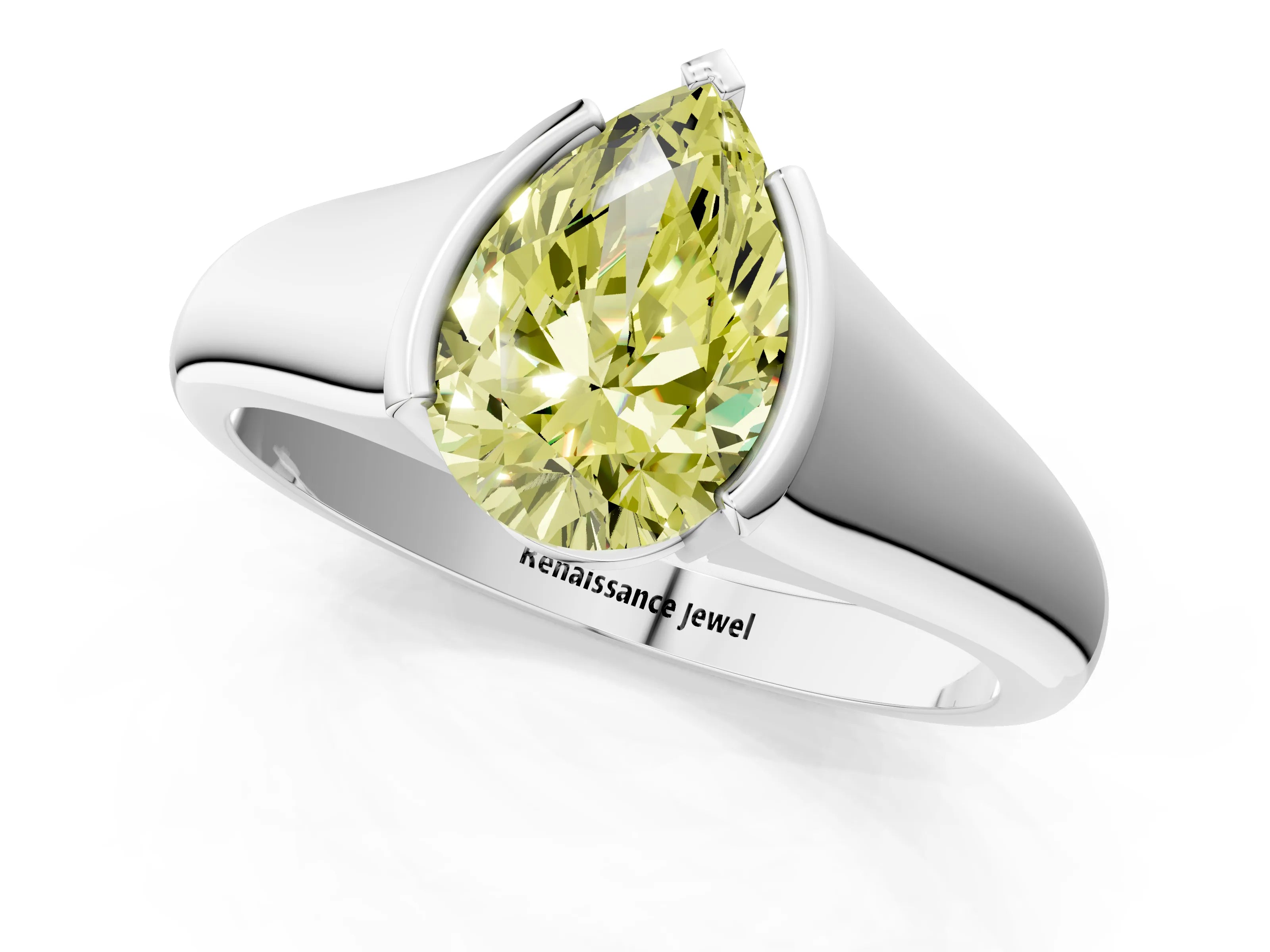 White gold Fancy Yellow Pear Cut Solitaire Tension Set Diamond Ring with Split Shank Band_1