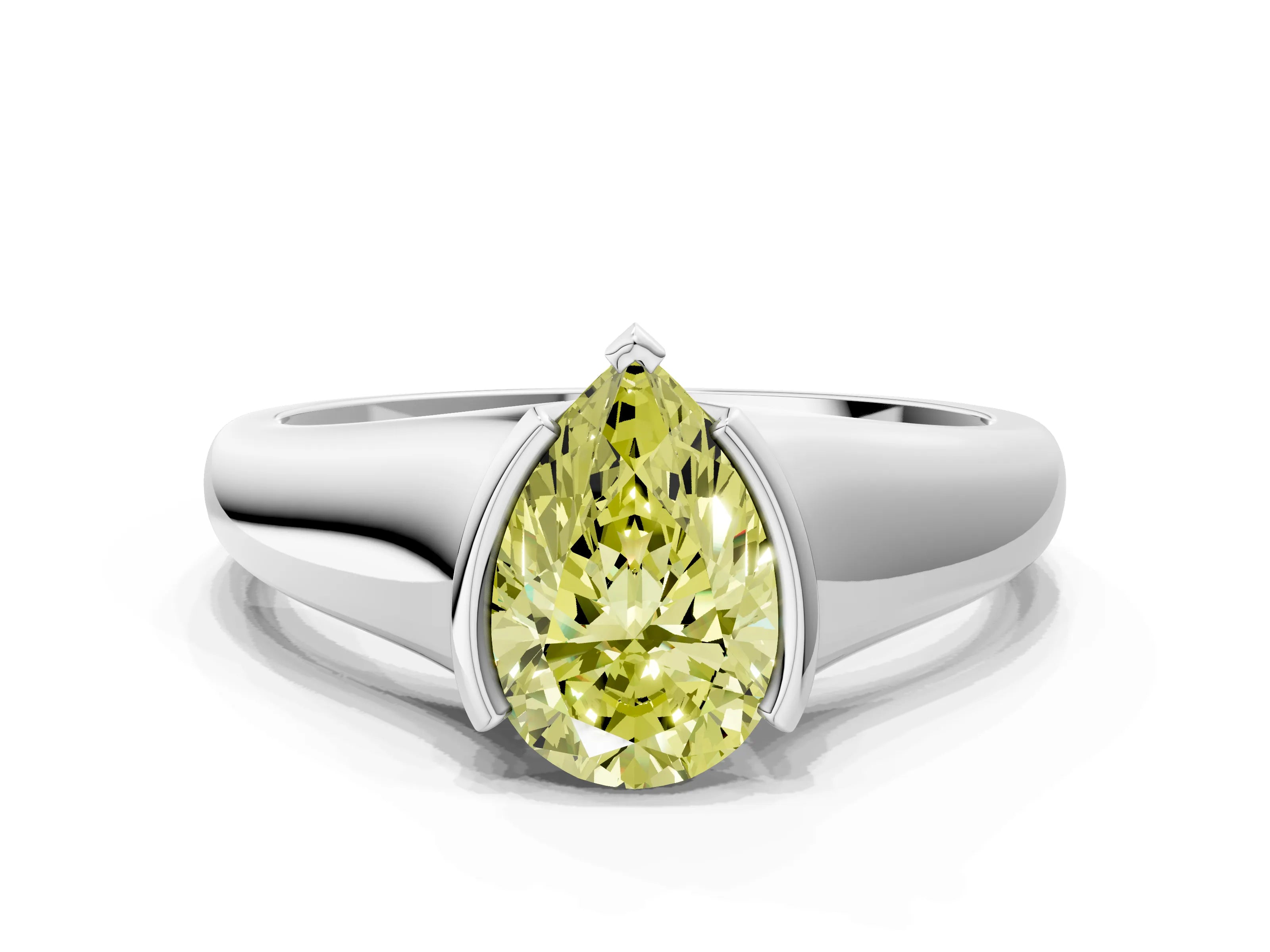 White gold Fancy Yellow Pear Cut Solitaire Tension Set Diamond Ring with Split Shank Band