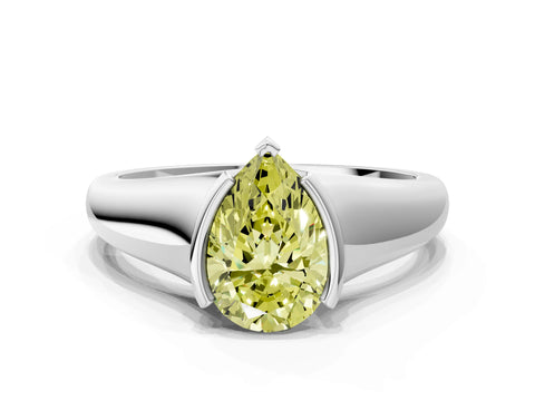White gold Fancy Yellow Pear Cut Solitaire Tension Set Diamond Ring with Split Shank Band
