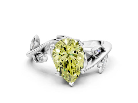 White gold Fancy Yellow Pear Cut Solitaire Twist Engagement Ring with Leaf Accents and Prong Setting_12