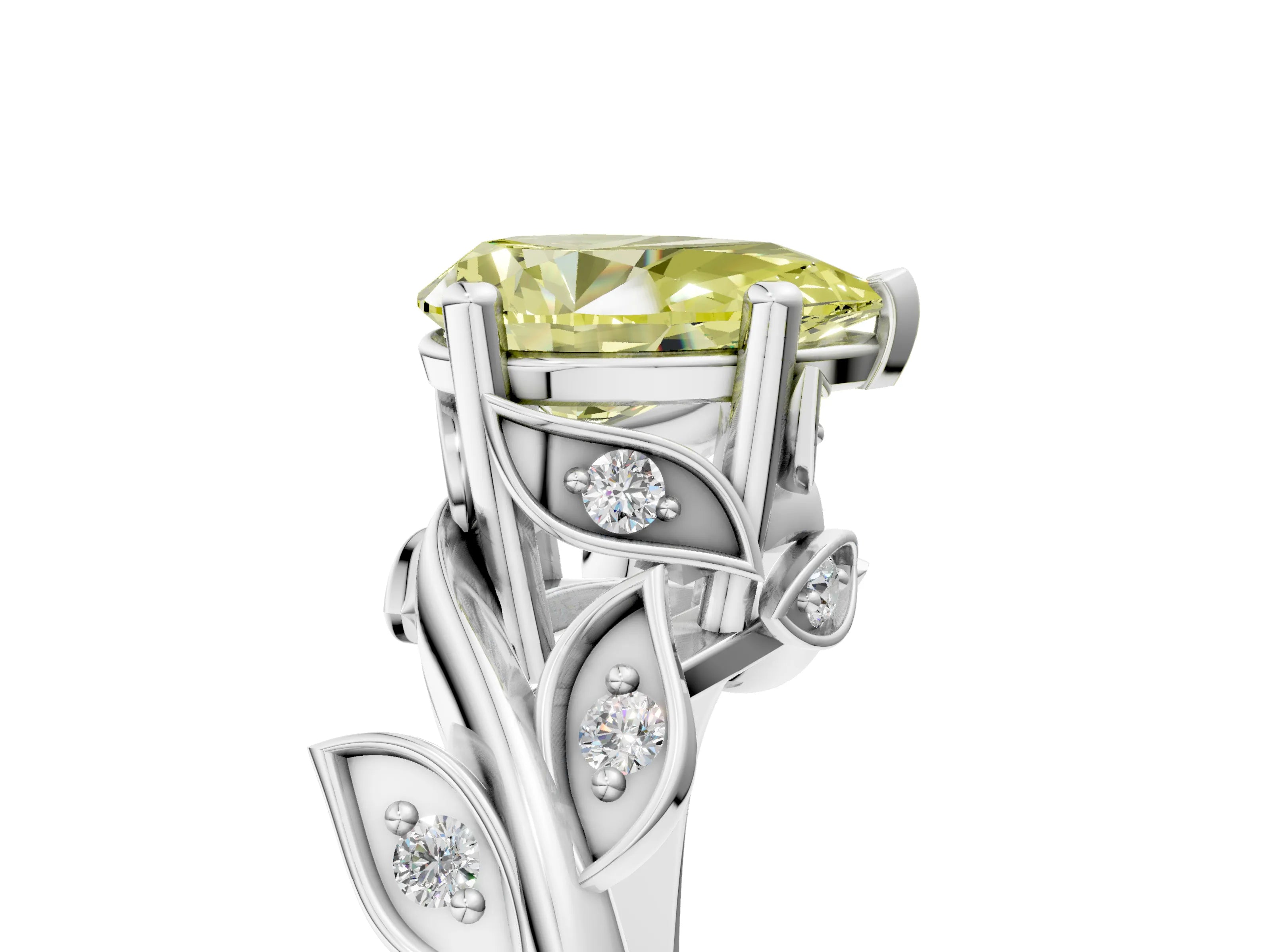White gold Fancy Yellow Pear Cut Solitaire Twist Engagement Ring with Leaf Accents and Prong Setting_17