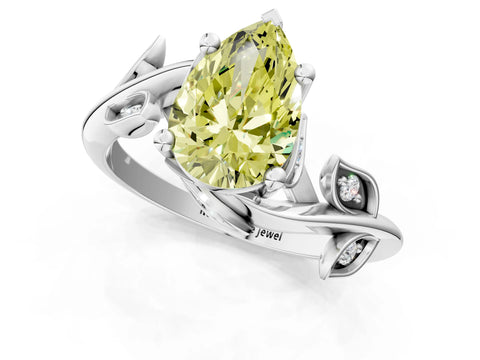White gold Fancy Yellow Pear Cut Solitaire Twist Engagement Ring with Leaf Accents and Prong Setting_1