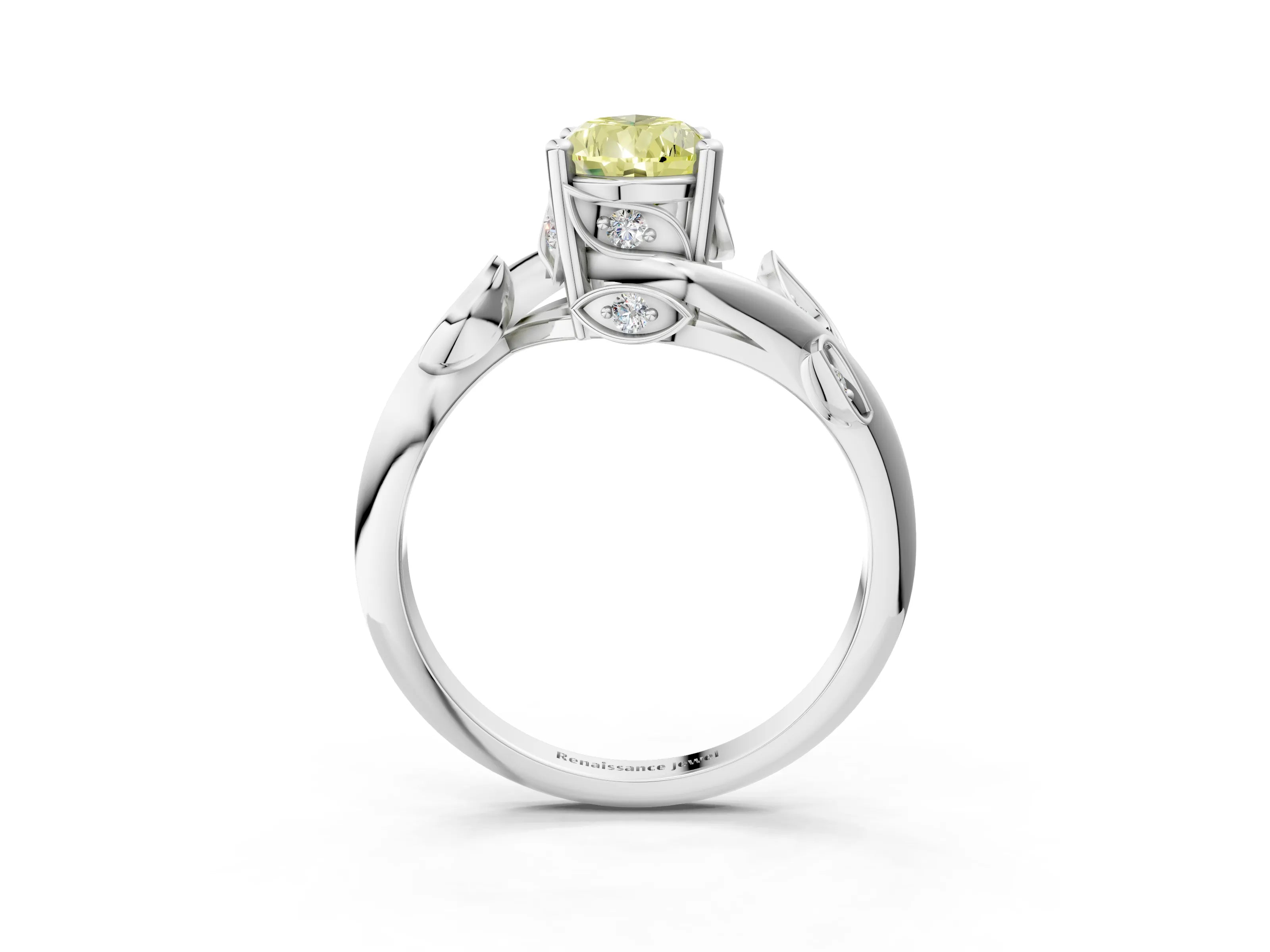 White gold Fancy Yellow Pear Cut Solitaire Twist Engagement Ring with Leaf Accents and Prong Setting_3