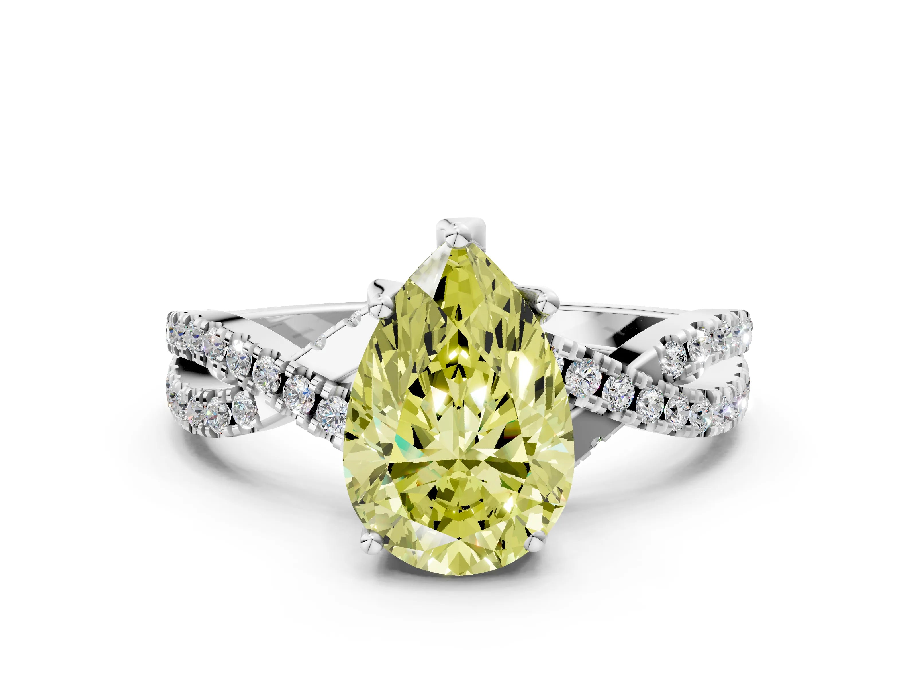 White gold Fancy Yellow Pear Cut Solitaire Twist Pave Diamond Engagement Ring with Prong Setting